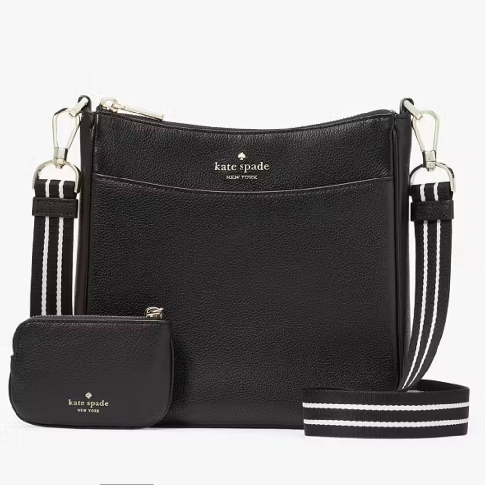 Kate Spade Rosie Black Crossbody Bag with Striped Strap • Medium